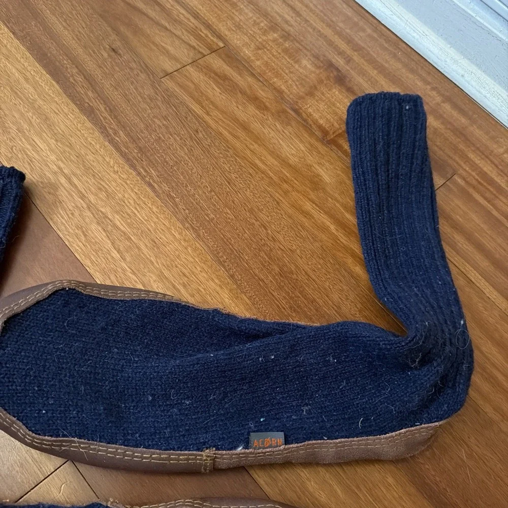 Acorn Slippers Men's Size 12-13 Navy Knit Brown Accents Pull On